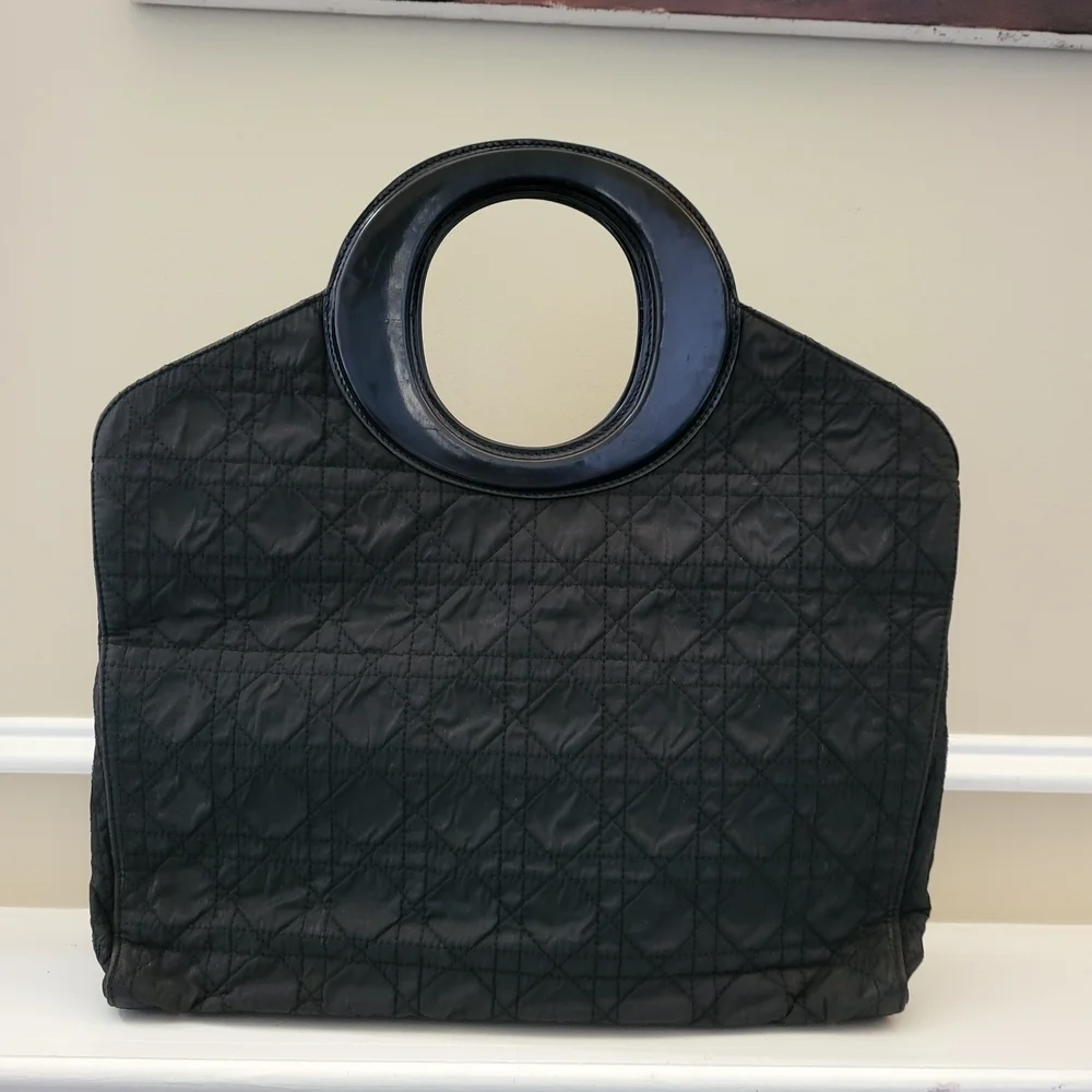 Christian Dior Cannage Tote Hand Bag Quilted Leather Cloth Black...Auth,,w/COA